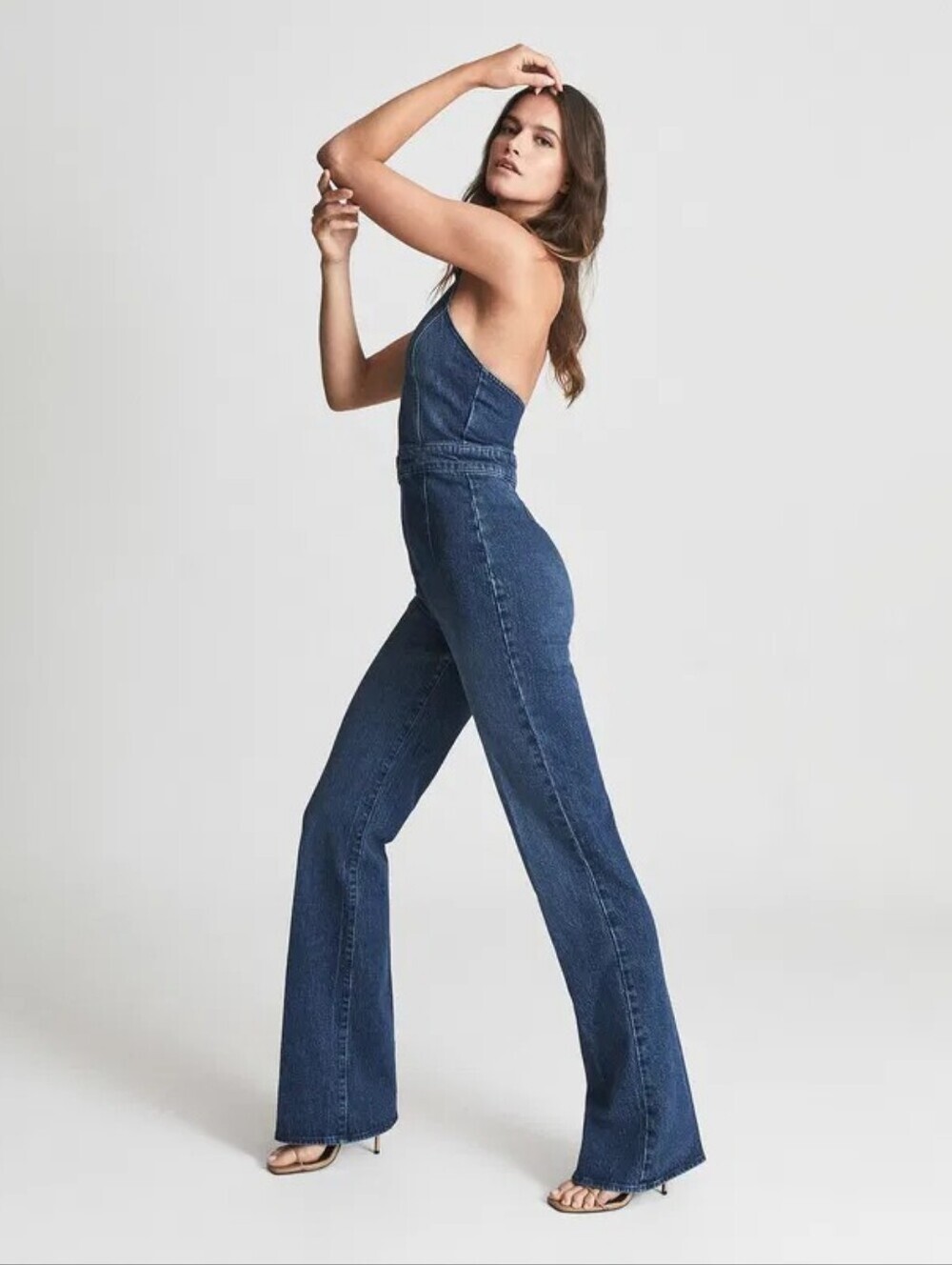 REISS Blue Denim Cotton Pennie Collared Halter Zip Front Flare Leg Jumpsuit - Picture 7 of 7